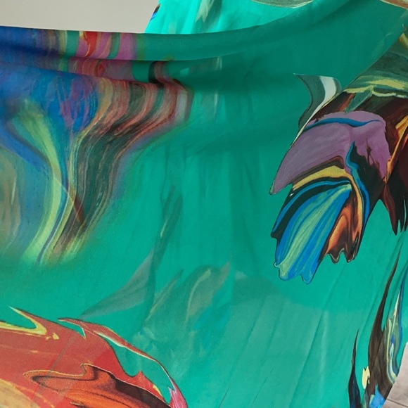 GREEN Trapeze chiffon overlay DRESS  SLEEVELESS HIGH LOW paint brush pattern 12 - Picture 5 of 10